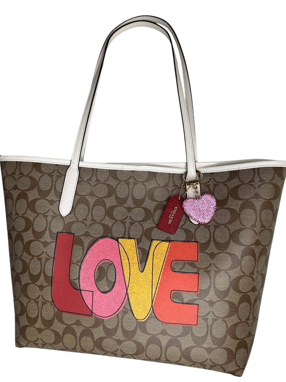 Coach Brown Signature Tote with Multicolor LOVE Graphic
